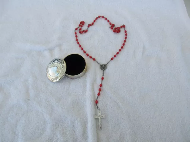Rosary Crucifix RED Beads ~Catholic Prayer 21" Necklace + [SILVER CASE ]!