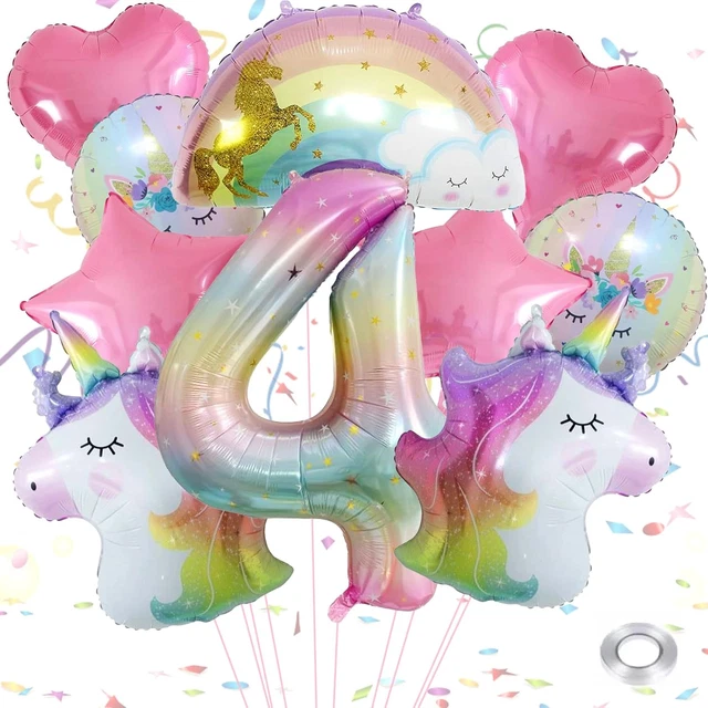 Einhorn Geburtstags-Luftballons Set – Mit Zahl 4, Regenbogen & Sternen, Folienballons