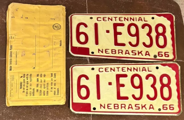 Nebraska 1966 SHERIDAN COUNTY CENTENNIAL License Plate PAIR & ENVELOPE # 61-E938