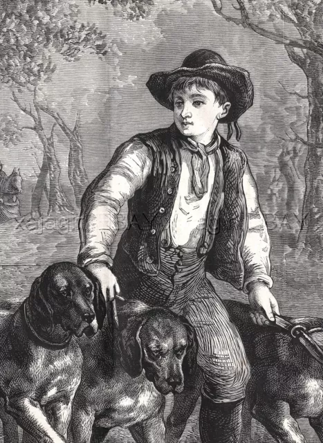 Dog Bloodhounds 3 Walked by Boy, Large 1870s Antique Engraving Print & Article 2