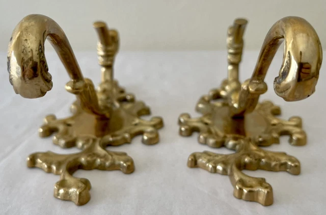 Set of 2 Vtg Antique Style Ornate Solid Brass Triple Coat Key Hat Hanger Hooks 6