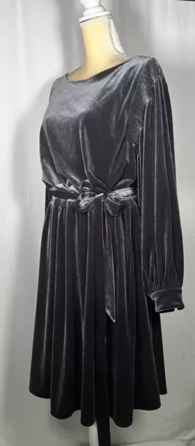 Calvin Klein Dress A-Line Flare 20W Belted Long Sleeve Velvet Stretch Gray NW