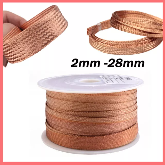 Flat Pure Copper Braid Cable Bare Copper Braid Wire Ground Lead 2mm 4mm -28mm