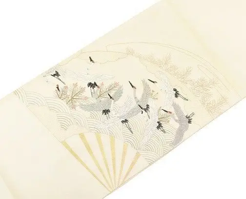 Japanese Kimono Vintage Fukuro Obi Silk Crane Embroidery (kimonomtfuji) 3mt0242