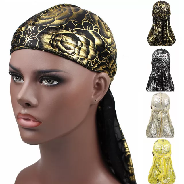 Chapeau Turban Durag Unisexe Soyeux Bandana En Satin Imprimé Floral Rose F