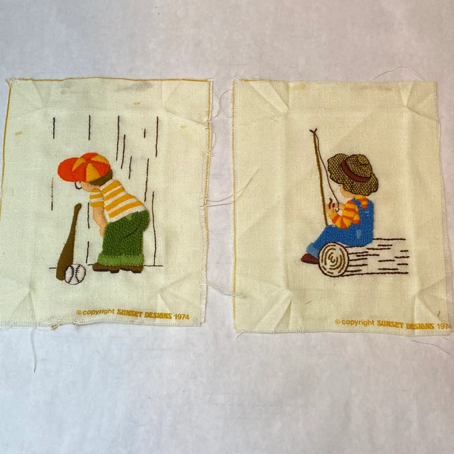 Lote Completo de Colección Años 70 Crewel Stitchery béisbol pesca niño pescador