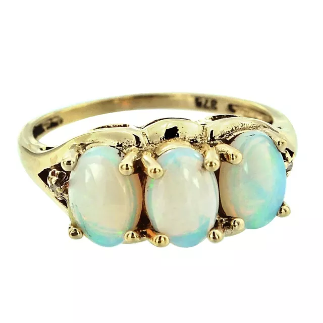 Natural Opal Vintage Style Floral Filigree Three Stone Ring in Solid 9K Gold 2