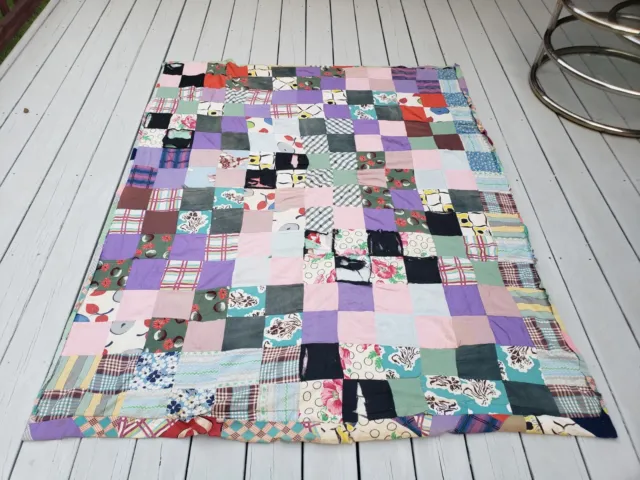 Vintage 2-Sided Reversible Patchwork Quilt 1920s 30s Cute Prints Cotton 5x6ft