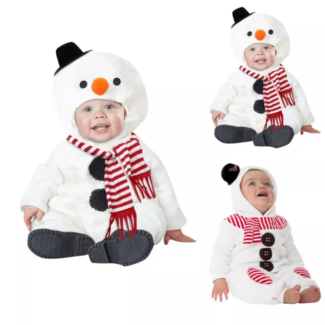 Infant Baby Boy Girl Christmas Costume Snowman Fleece Jumpsuit+Scarf Outfits Set
