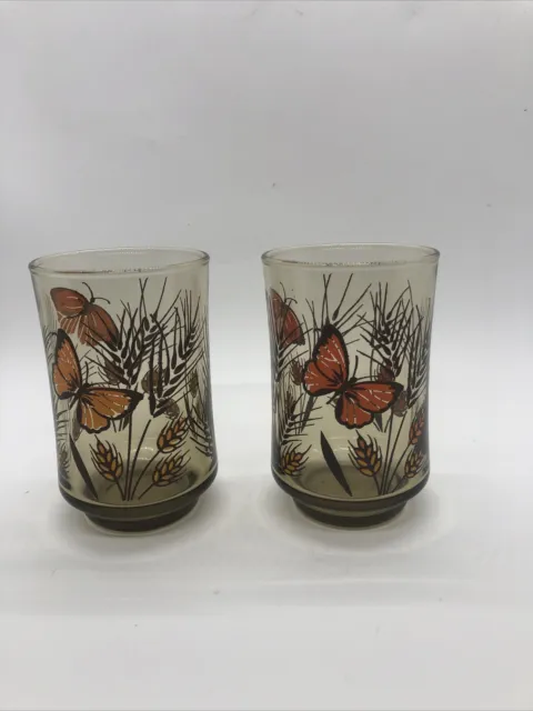 Vintage Libbey Monarch Butterfly Wheat Tawny Garden Juice Glasses Set Of 2 2