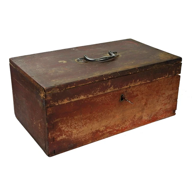 Antique Primitive Worn Salmon Paint Surfaced Dovetailed Wood Document Box