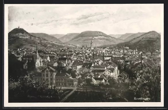 Reutlingen, Gesamtansicht mit Blick in die Berge, Ansichtskarte 1929