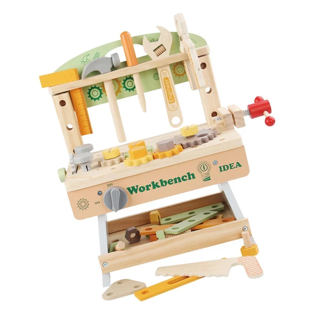 Mallette D'Outils En Bois Mezzar – 18 Pièces, Établi 3-en-1, Jeu Montessori Dès 3 Ans – Marteau, Tournevis, Engrenages – Cadeau Idéal Pour Filles Et Garçons