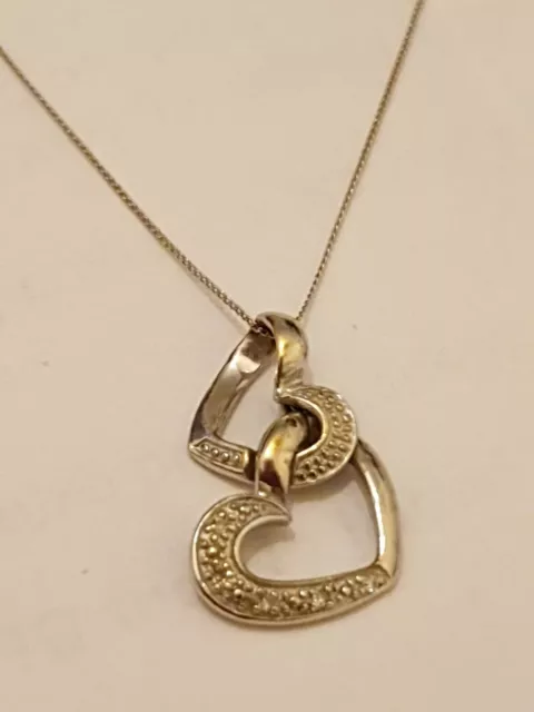 9ct 9k white Gold Entwined Hearts diamond set Pendant Necklace Nice