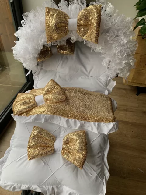 White/gold pram footmuff cosy toes And Hood Trim Romany frilly