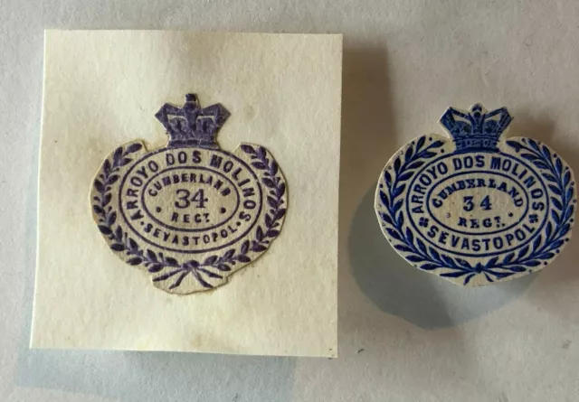 Pre 1881 34th Cumberland Regt crest  Stamped Letterhead fragment  paper  pair