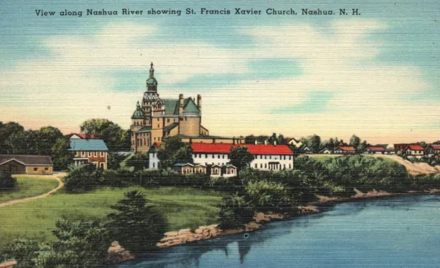 Vintage Postcard Nashua River showing St. Francis Xavier Church Nashua N. H.