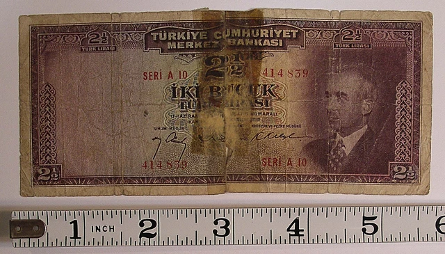 L. 1930 (1947) Turkey 2 1/2 Lira Banknote DAMAGED P-140 #10445
