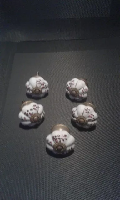 Bouton De Meuble En Porcelaine Décor  Peint À La Main Grenat Lot De 5