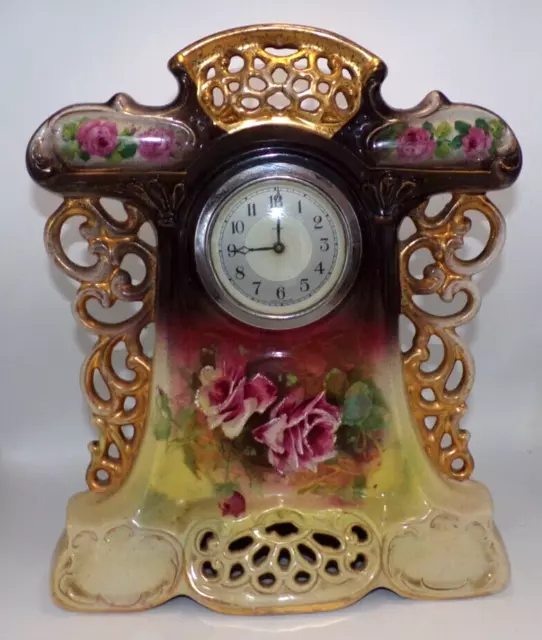 Large Victorian Staffordshire Pottery Mantle Clock Garniture Vases H/P Roses 2