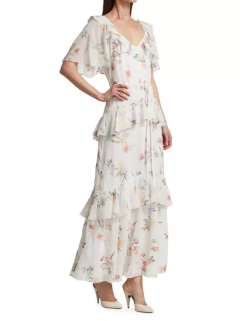 THEIA Floral Embroidered Chiffon Dress, V-neck,  Short Sleeves, Size 6, $745 NWT