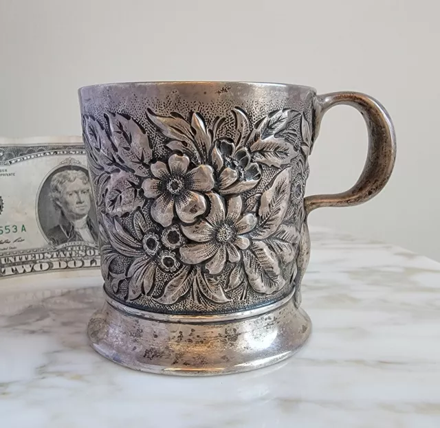 c1900 WHITING Sterling Silver Cup/Mug-Repoussé Flowers-Aesthetic-Shaving? Youth?