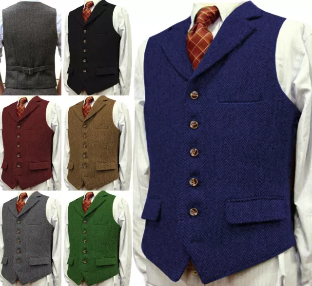 Mens Tweed Waistcoat Herringbone Vests Wedding Work Vintage Workwear Hunting 3XL