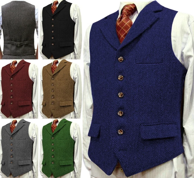 Mens Tweed Waistcoat Herringbone Vests Wedding Work Vintage Workwear Hunting 3XL