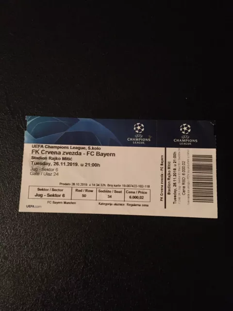 Ticket CL : Roter Stern Belgrad - FC Bayern München ; 26.11.2019