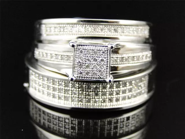 10K Mens Ladies White Gold Diamond Engagement Bridal Wedding Ring Trio Set .50Ct