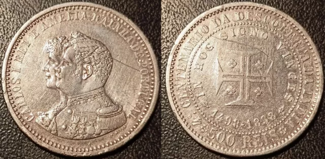 Portugal - Charles I - 500 Reis Silver Discovery of India Indian 1898! Km# 538