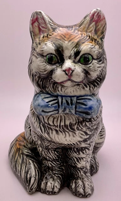 VTG Green Eyed Tabby Cat Ceramic Planter Blue Bow Tie Hand Painted Japan Heavy