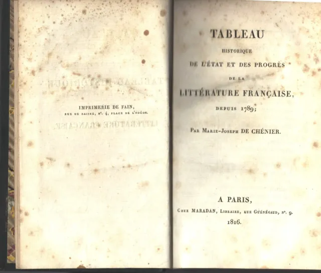 Tableau Historique État et Progrès Littérature depuis 1789 par De CHÉNIER 1816 2