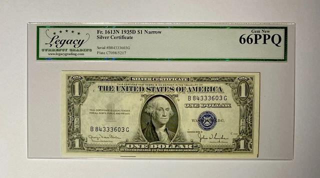 UNITED STATES 1935D $1 NARROW Silver Certificate. FR#: 1613N. Legacy: 66 PPQ.