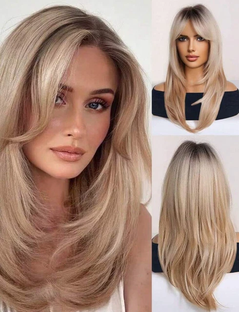 Perruque Synthétique Longue 65cm Blond Platine Lisse Avec Frange - Cadeau Inclus - Taille Moyenne