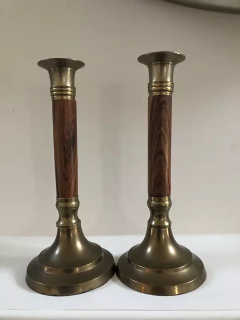 Pair of Vintage Mid Century Modern Wooden and Brass Candle Stick Holders