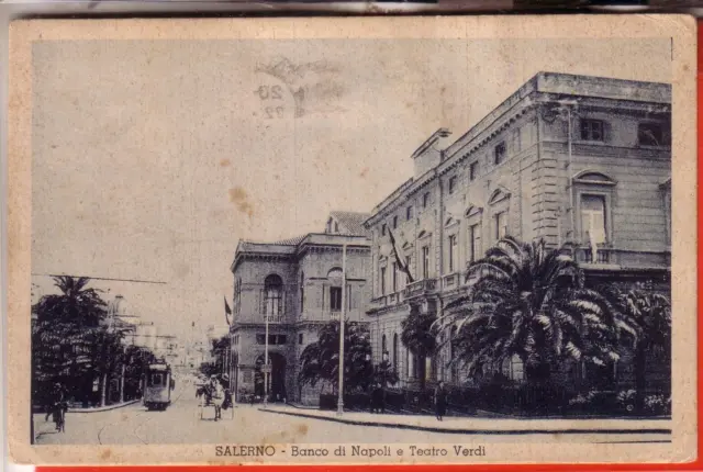 Cartolina  Salerno Citta' Viaggiata  1939 Banco Napoli E Teatro Verdi Con Tram