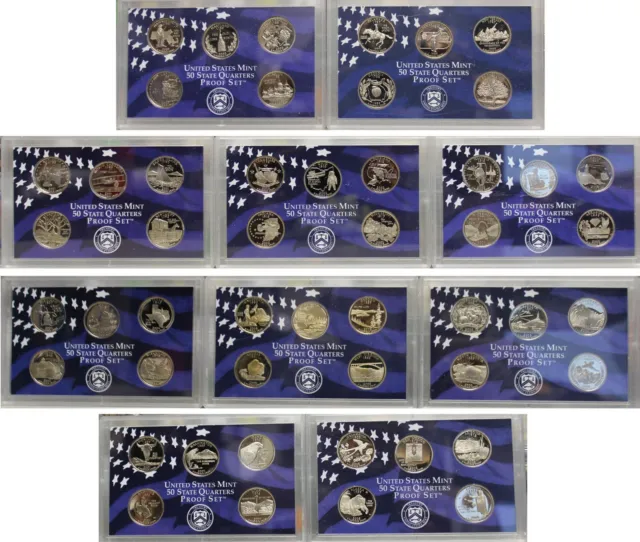 1999 thru 2008 50 State Quarters Clad Proof 10 Sets with 5 Coins No Box or COA