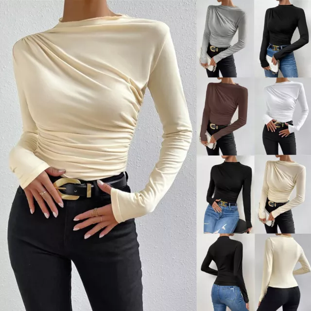 Women Long Sleeve Stretch Basic Tops Ladies Crew Neck Buttons T-Shirt Blouse TEE