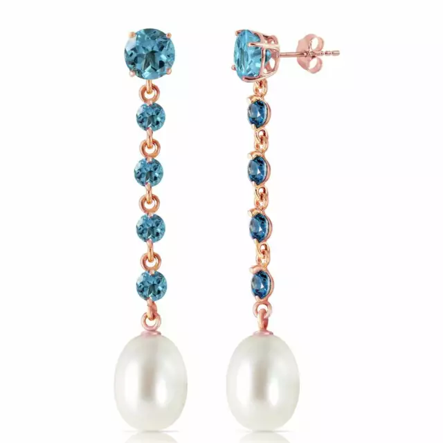 10 Carat 14K Solid Rose Gold Chandelier Blue Topaz & Pearl Gemstone Earrings
