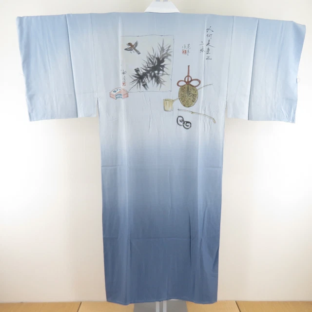 Juban Kimono inner wear Silk Tea utensil pattern Blue 56.3inch Men's