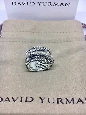 David Yurman Sterling Silver Diamond Crossover Cable Wide Band Ring Size 6