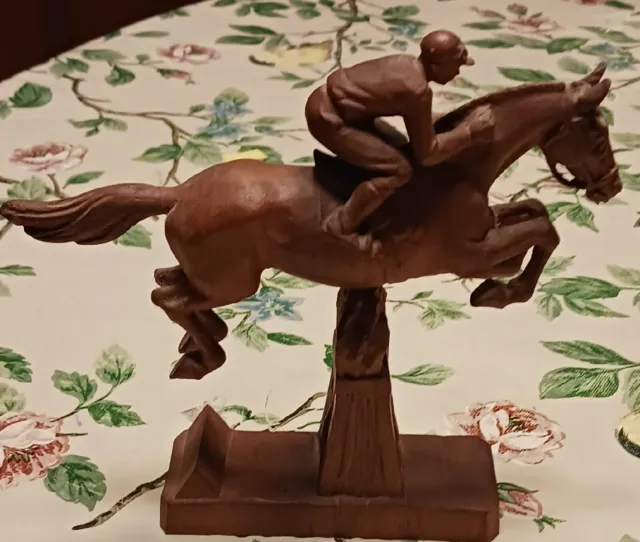 Carved Wood Horse And Rider Equestrian Statue Figurine