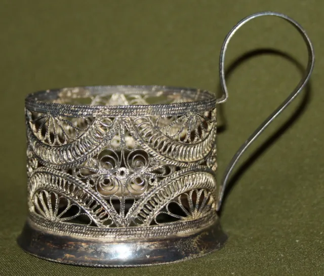 Antique Russian hand made silver plated filigree cup holder