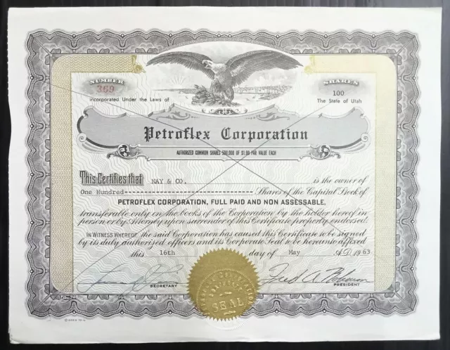 AOP USA 1963 Petorflex Corporation 100 shares certificate