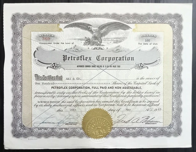 AOP USA 1963 Petorflex Corporation 100 shares certificate