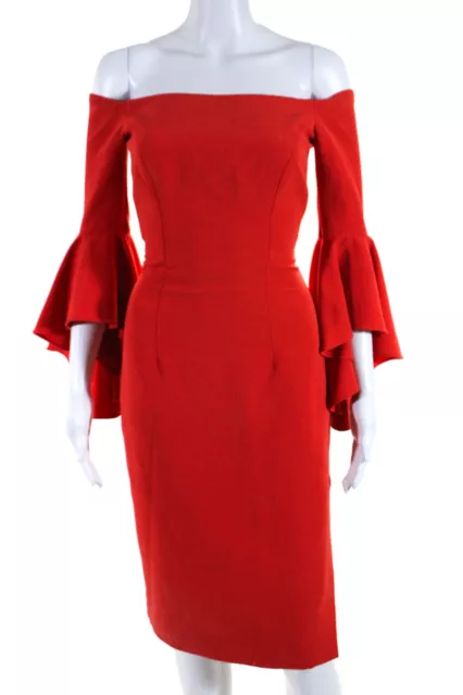 Milly Women's Off Shoulder Flounce Sleeve Slit Sheath Dress Red Size 2