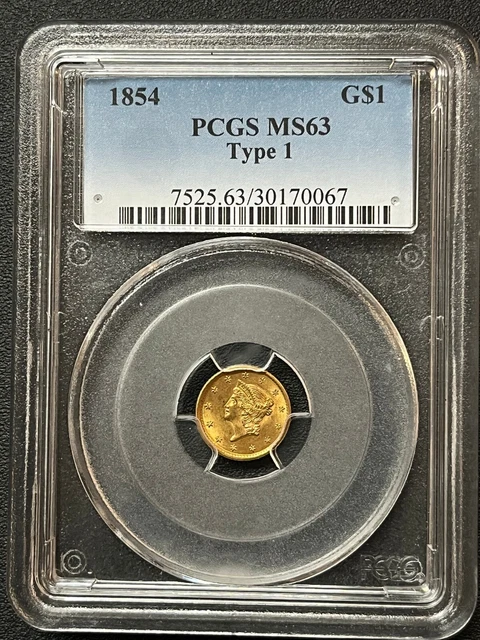 1854 $1 Dollar Gold Coin Type 1 MS 63
