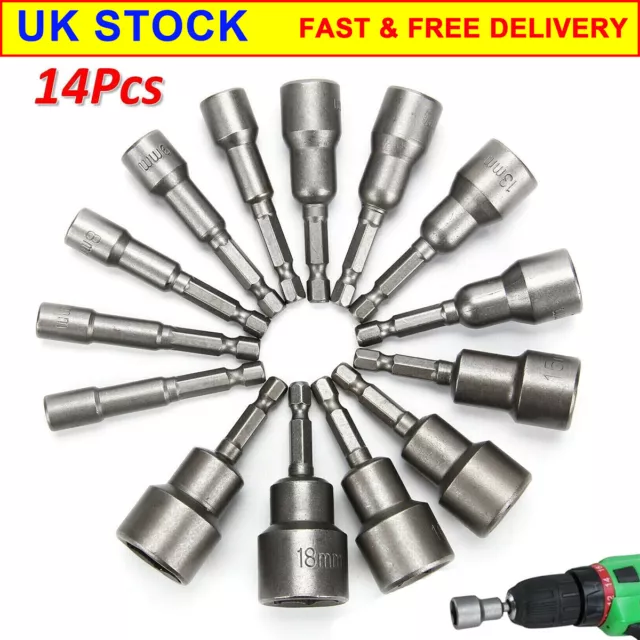 14pcs 6 -19mm 1/4" Nut Driver Bit Set Hex Magnetic Metric Socket Impact Drill