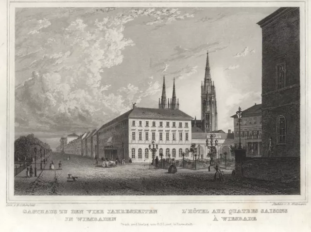 Wiesbaden Hotel Cuatro Estaciones Original Grabado de Acero Willmann 1840 2